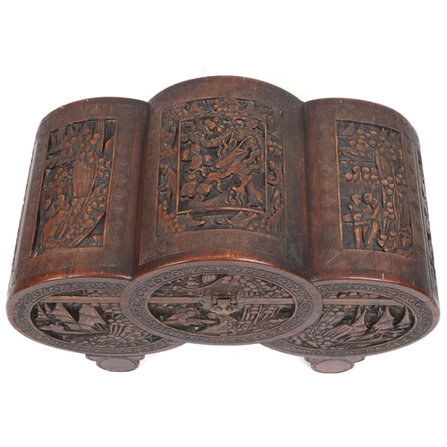 1043 - Chinese camphor wood trunk carved with dragons, figures and junks, 50cm H x 78cm W x 38cm D