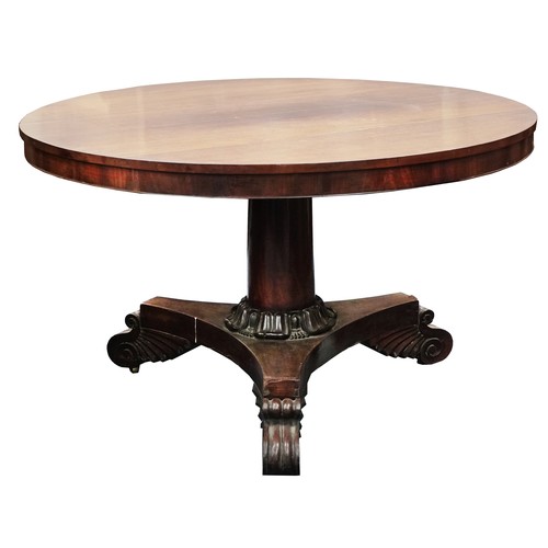 1069 - Victorian mahogany tilt top breakfast table with scroll feet, 74cm high x 120cm in diameter