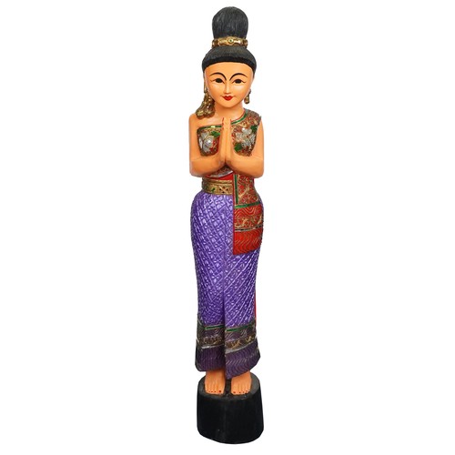 1016 - Thai floor standing carved wood figure of a female wearing a jewelled dress, 128cm high