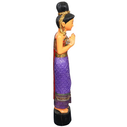 1016 - Thai floor standing carved wood figure of a female wearing a jewelled dress, 128cm high