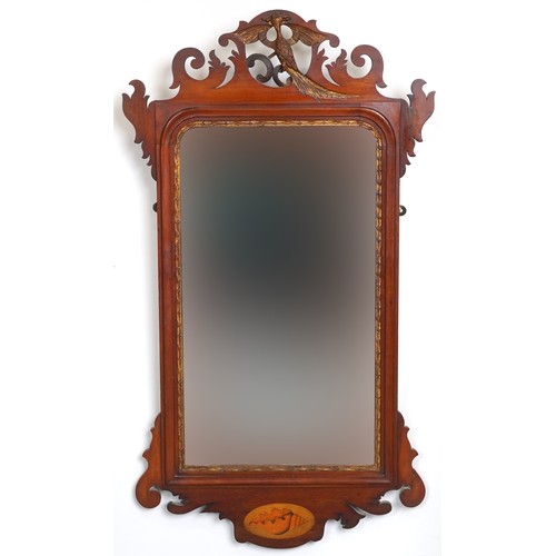 1010 - Pair of George III style mahogany pier mirrors with shell inlay and bird carvings, 91.5cm x 51cm