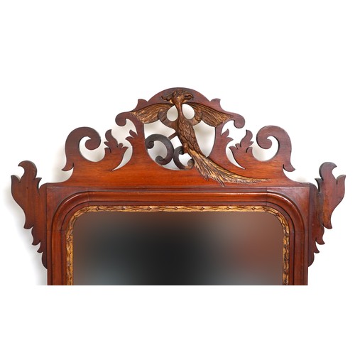 1010 - Pair of George III style mahogany pier mirrors with shell inlay and bird carvings, 91.5cm x 51cm