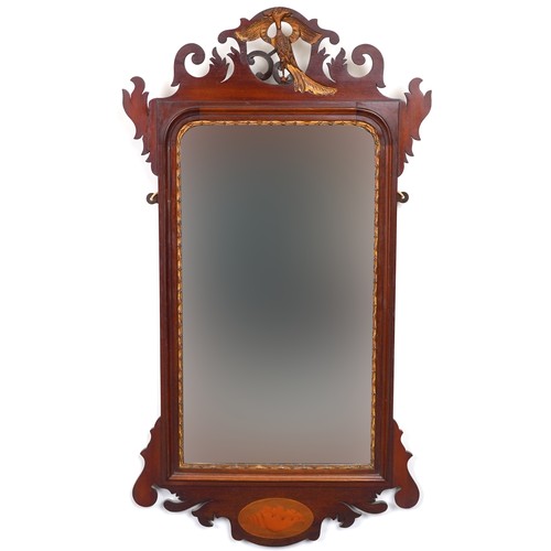 1010 - Pair of George III style mahogany pier mirrors with shell inlay and bird carvings, 91.5cm x 51cm