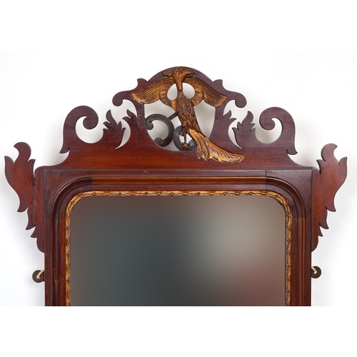 1010 - Pair of George III style mahogany pier mirrors with shell inlay and bird carvings, 91.5cm x 51cm