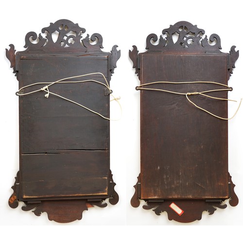 1010 - Pair of George III style mahogany pier mirrors with shell inlay and bird carvings, 91.5cm x 51cm