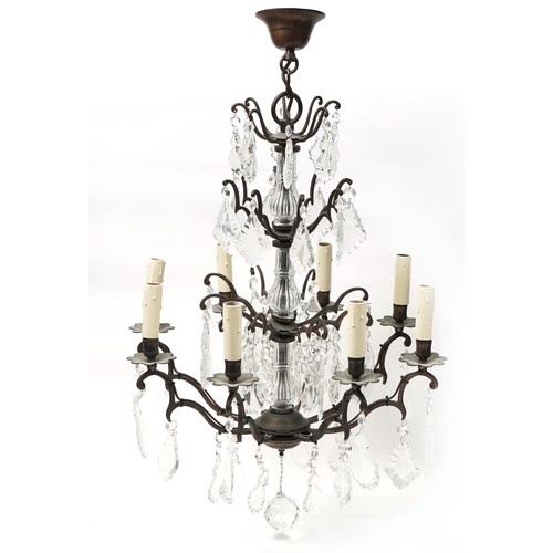 1028A - Bohemian style bronzed eight branch chandelier with cut glass drops, approximately 68cm high