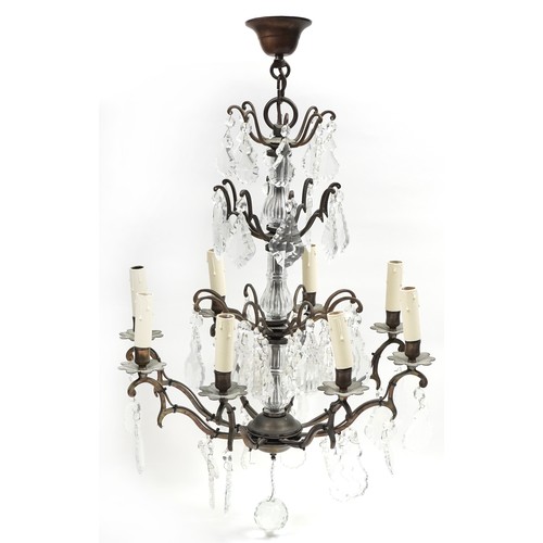 1028A - Bohemian style bronzed eight branch chandelier with cut glass drops, approximately 68cm high