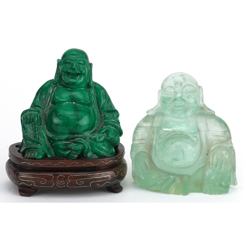 1307 - Two Chinese carvings of Buddha including a malachite example on hardwood stand, the largest overall ... 