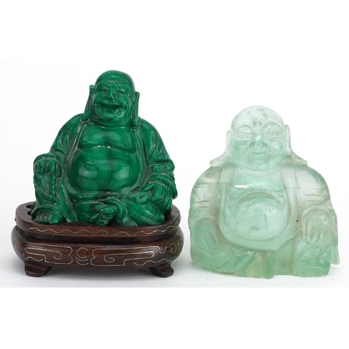 1307 - Two Chinese carvings of Buddha including a malachite example on hardwood stand, the largest overall ... 