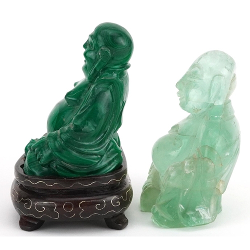 1307 - Two Chinese carvings of Buddha including a malachite example on hardwood stand, the largest overall ... 