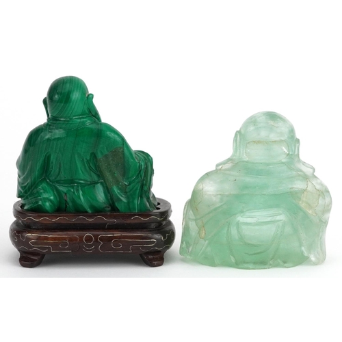 1307 - Two Chinese carvings of Buddha including a malachite example on hardwood stand, the largest overall ... 