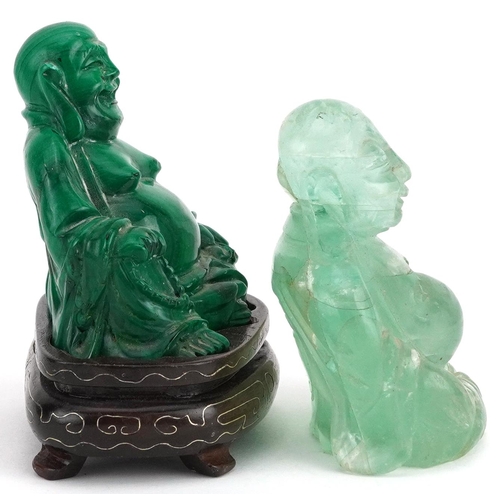 1307 - Two Chinese carvings of Buddha including a malachite example on hardwood stand, the largest overall ... 