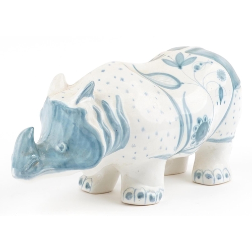 202 - David Sharp, large Rye pottery rhinoceros, 41cm in length