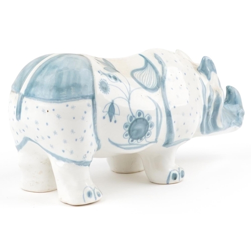 202 - David Sharp, large Rye pottery rhinoceros, 41cm in length