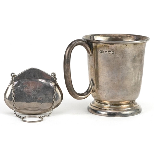 1166 - Silver christening tankard by Viner's and a silver compact in the form of a purse, the largest 7.5cm... 