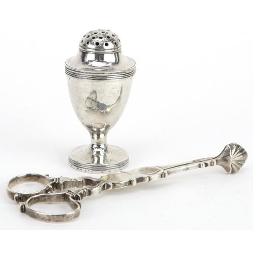 170 - Georgian silver comprising pair of sugar nips and caster, the largest 12cm in length, total 62.0g