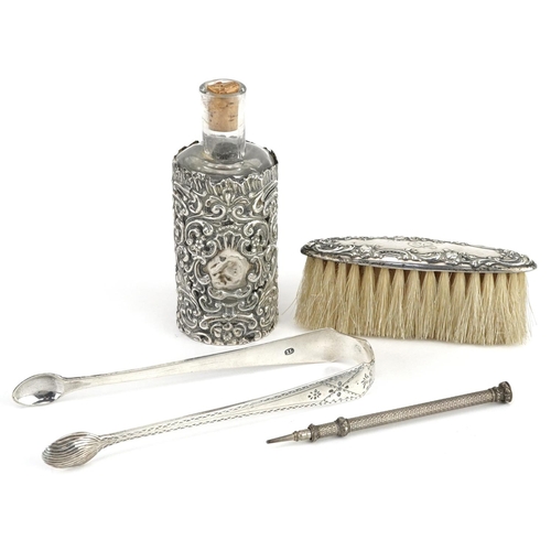 227 - Antique and later silver including a pair of sugar tongs, propelling pencil with citrine terminal an... 