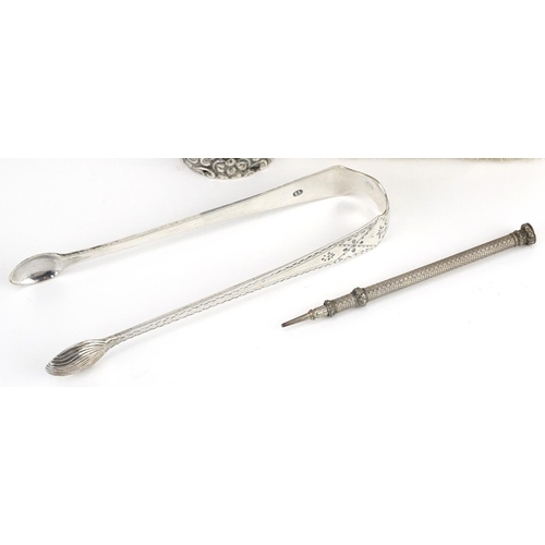 227 - Antique and later silver including a pair of sugar tongs, propelling pencil with citrine terminal an... 