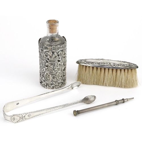 227 - Antique and later silver including a pair of sugar tongs, propelling pencil with citrine terminal an... 