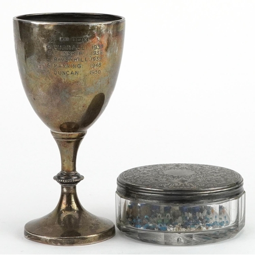 1165 - George V silver trophy and a Victorian circular glass jar with silver lid, the largest 12.5cm high, ... 