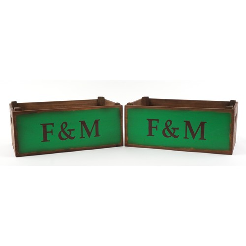 1112 - Pair of Fortnum & Mason design painted wooden crates, 18cm H x 44cm W x 25cm D