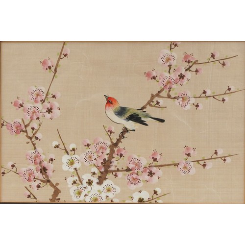 275 - Bird amongst flowers, pair of Chinese watercolours on silk, mounted, framed and glazed, each 30cm x ... 