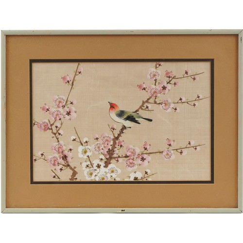 275 - Bird amongst flowers, pair of Chinese watercolours on silk, mounted, framed and glazed, each 30cm x ... 