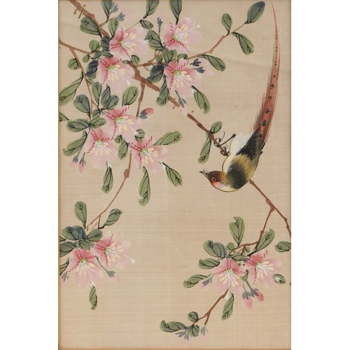 275 - Bird amongst flowers, pair of Chinese watercolours on silk, mounted, framed and glazed, each 30cm x ... 