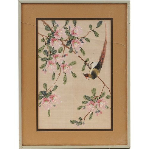 275 - Bird amongst flowers, pair of Chinese watercolours on silk, mounted, framed and glazed, each 30cm x ... 