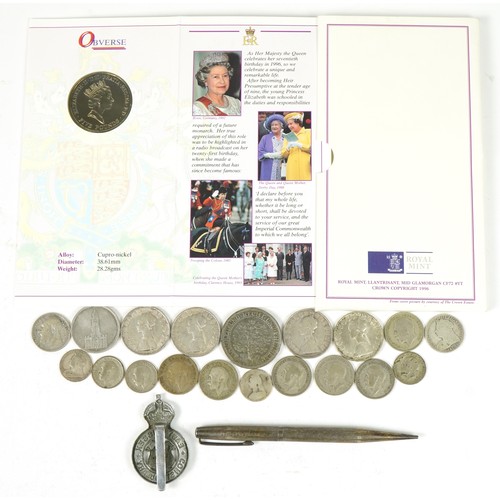 1435 - Coins and sundry items including silver Yard-O-Led propelling pencil and East Sussex Constabulary ca... 