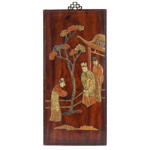 1297 - Chinese hardwood panel with soapstone inlay decorated with three figures in a palace setting, 46cm x... 