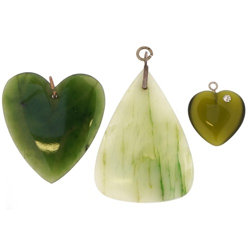 2776 - Green tiger's eye love heart pendant set with clear stone and two other silver green hardstone penda... 