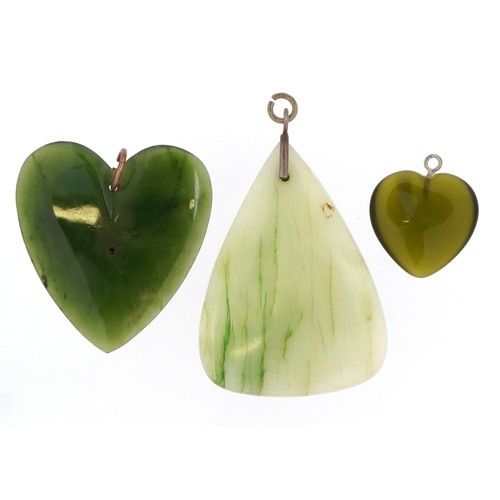 2776 - Green tiger's eye love heart pendant set with clear stone and two other silver green hardstone penda... 