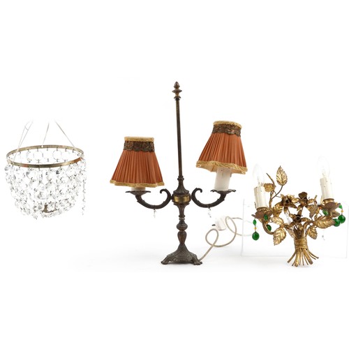 1294 - Lighting and fixtures comprising a bag chandelier with cut glass drops, French style gilt metal flor... 