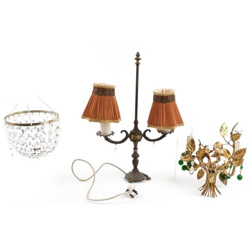 1294 - Lighting and fixtures comprising a bag chandelier with cut glass drops, French style gilt metal flor... 