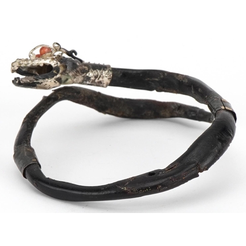 260 - Antique Chinese silver mounted gnarled wood bangle in the form of a dragon with coral eyes, 7.5cm in... 