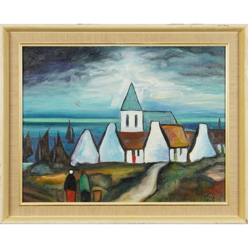 1223 - Manner of Markey Robinson - Figures before cottages and water with boats, Irish school oil on canvas... 