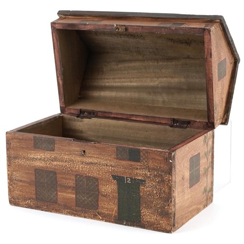 46 - Hand painted treen box with hinged lid in the form of a Georgian house, 22cm H x 26.5cm W x 17cm D