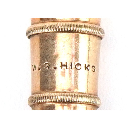 50 - Victorian unmarked gold propelling pencil in the form of a cannon barrel, retailed by W S Hicks, 5cm... 