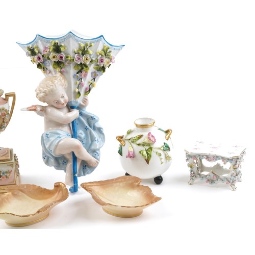 241 - 19th century and later floral encrusted porcelain and a pair of Royal Worcester blush ivory leaf dis... 