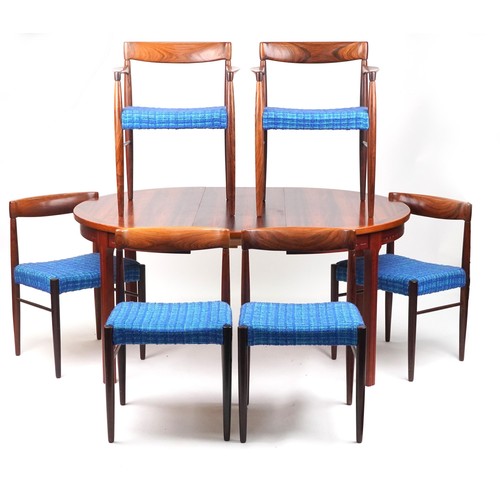 1001 - Bramin, Danish mid century rosewood circular extending dining table with two folding inserts and six... 