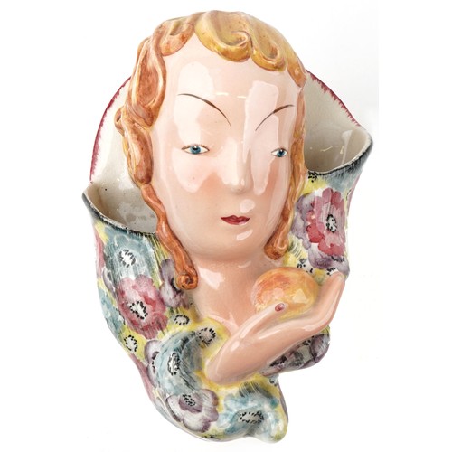  Goldschneider, Austrian Art Deco pottery figural wall pocket of a young female holding an apple, 19c... 