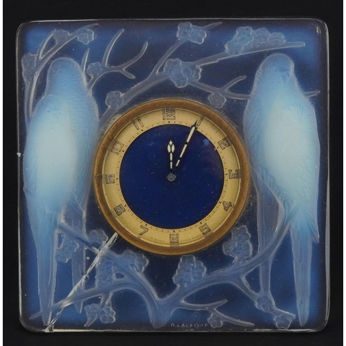 210 - Rene Lalique, French Art Deco opalescent Inseparables eight day strut clock with circular dial havin... 