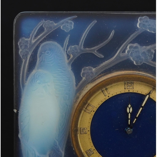 210 - Rene Lalique, French Art Deco opalescent Inseparables eight day strut clock with circular dial havin... 