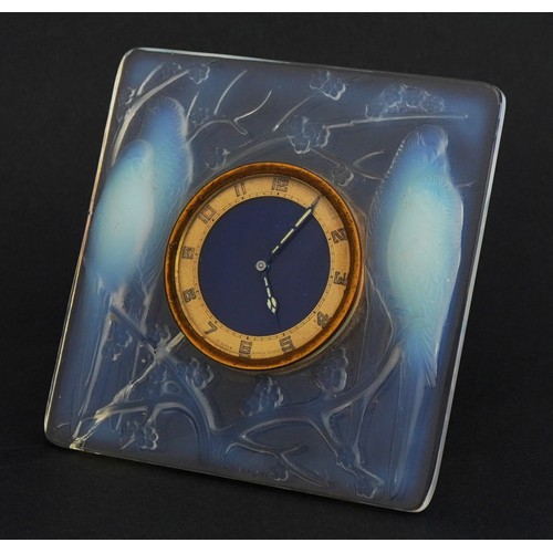 210 - Rene Lalique, French Art Deco opalescent Inseparables eight day strut clock with circular dial havin... 