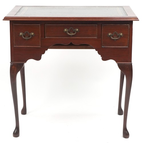 1060 - Mahogany writing desk with tooled green leather insert, three draws and cabriole legs, 74cm H x 77cm... 