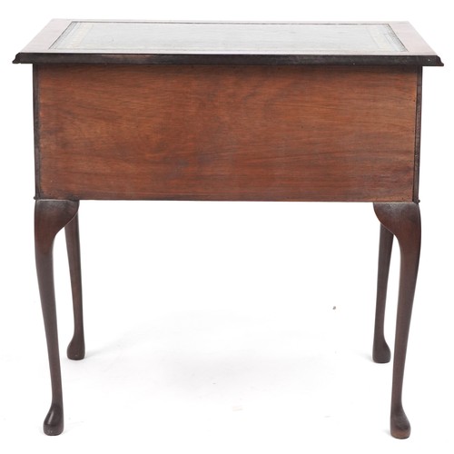 1060 - Mahogany writing desk with tooled green leather insert, three draws and cabriole legs, 74cm H x 77cm... 