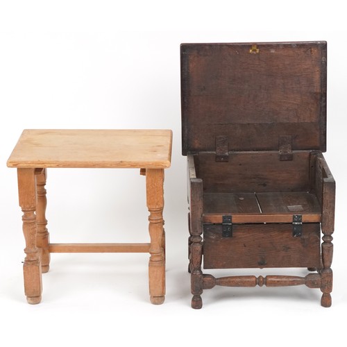 1078 - Antique carved oak work table and a pine occasional table, the largest 43cm high