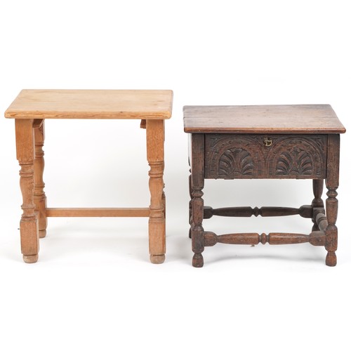 1078 - Antique carved oak work table and a pine occasional table, the largest 43cm high