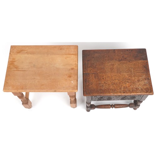 1078 - Antique carved oak work table and a pine occasional table, the largest 43cm high